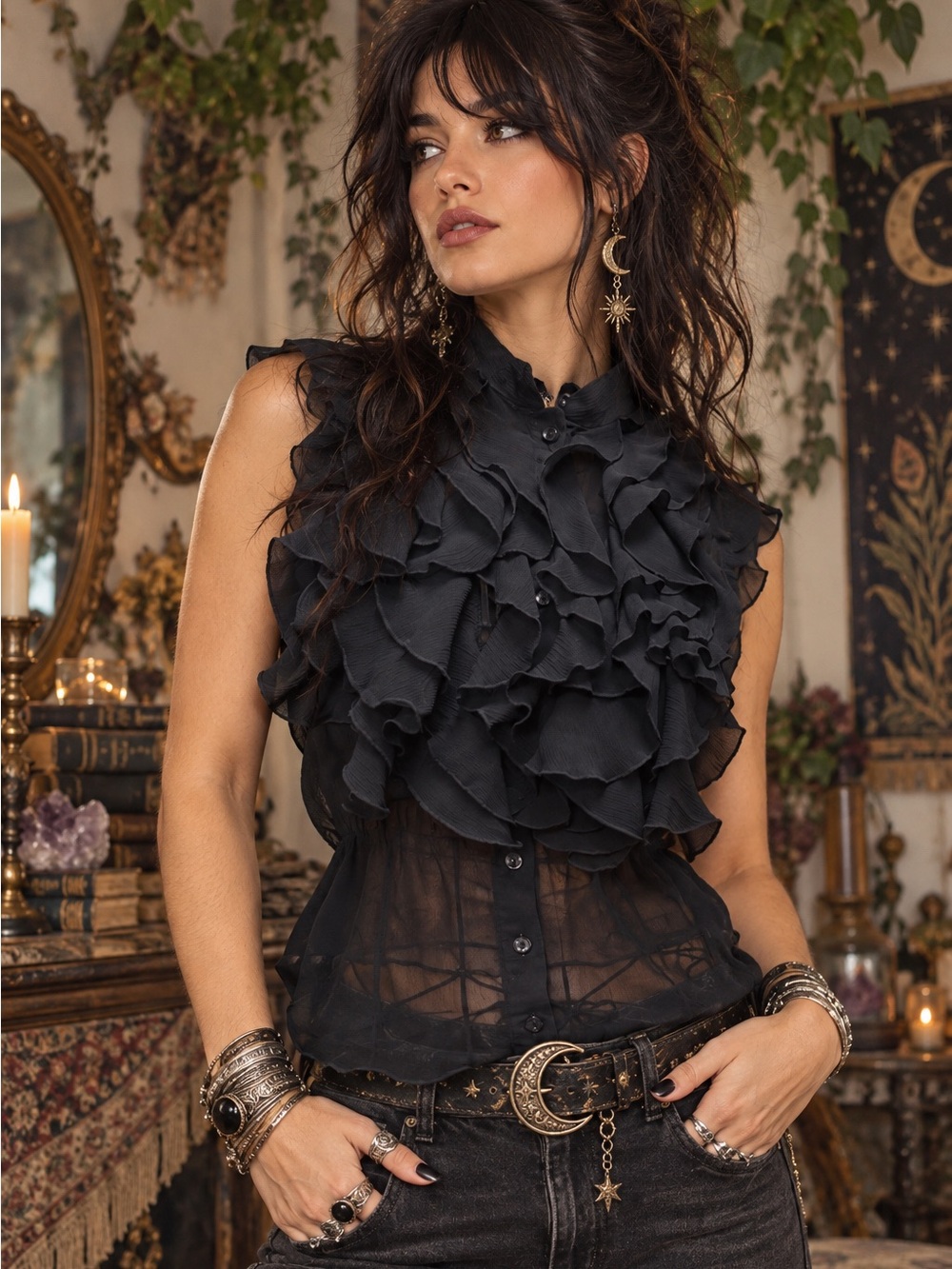Miley Cyrus Max Azria Elegant Black Ruffle Sheer Button-Up Top Gothic Romantic